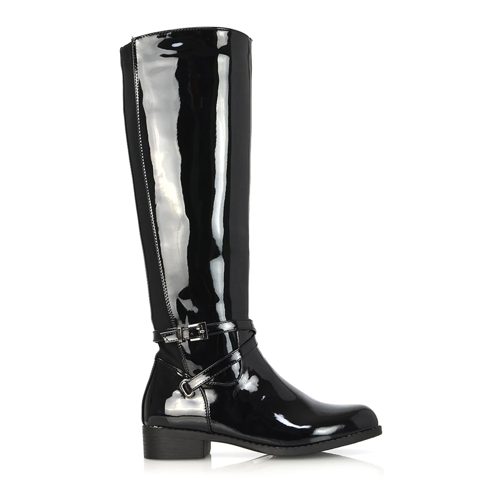 Everly Flat Knee High Low Block Heel Riding Flat Long Boots in Black Synthetic Leather - Image 102
