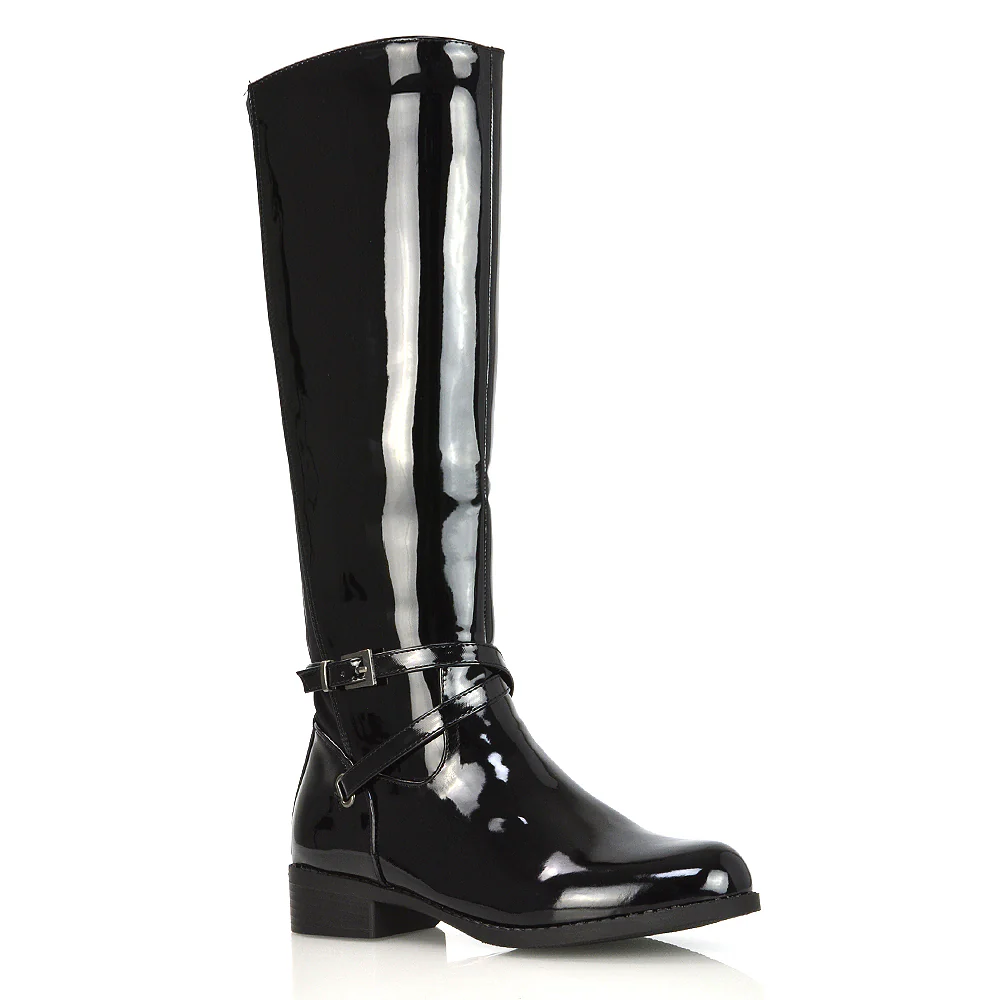 Everly Flat Knee High Low Block Heel Riding Flat Long Boots in Black Synthetic Leather - Image 106