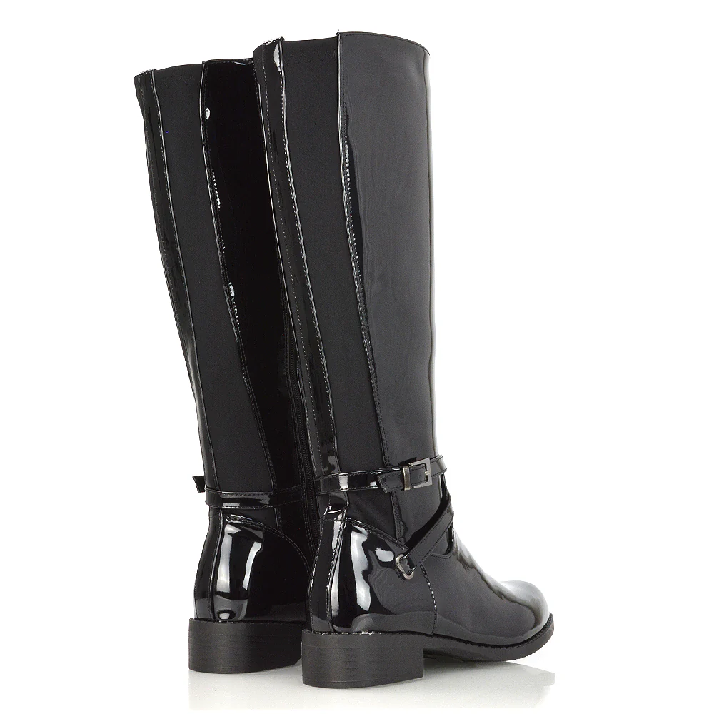 Everly Flat Knee High Low Block Heel Riding Flat Long Boots in Black Synthetic Leather - Image 109