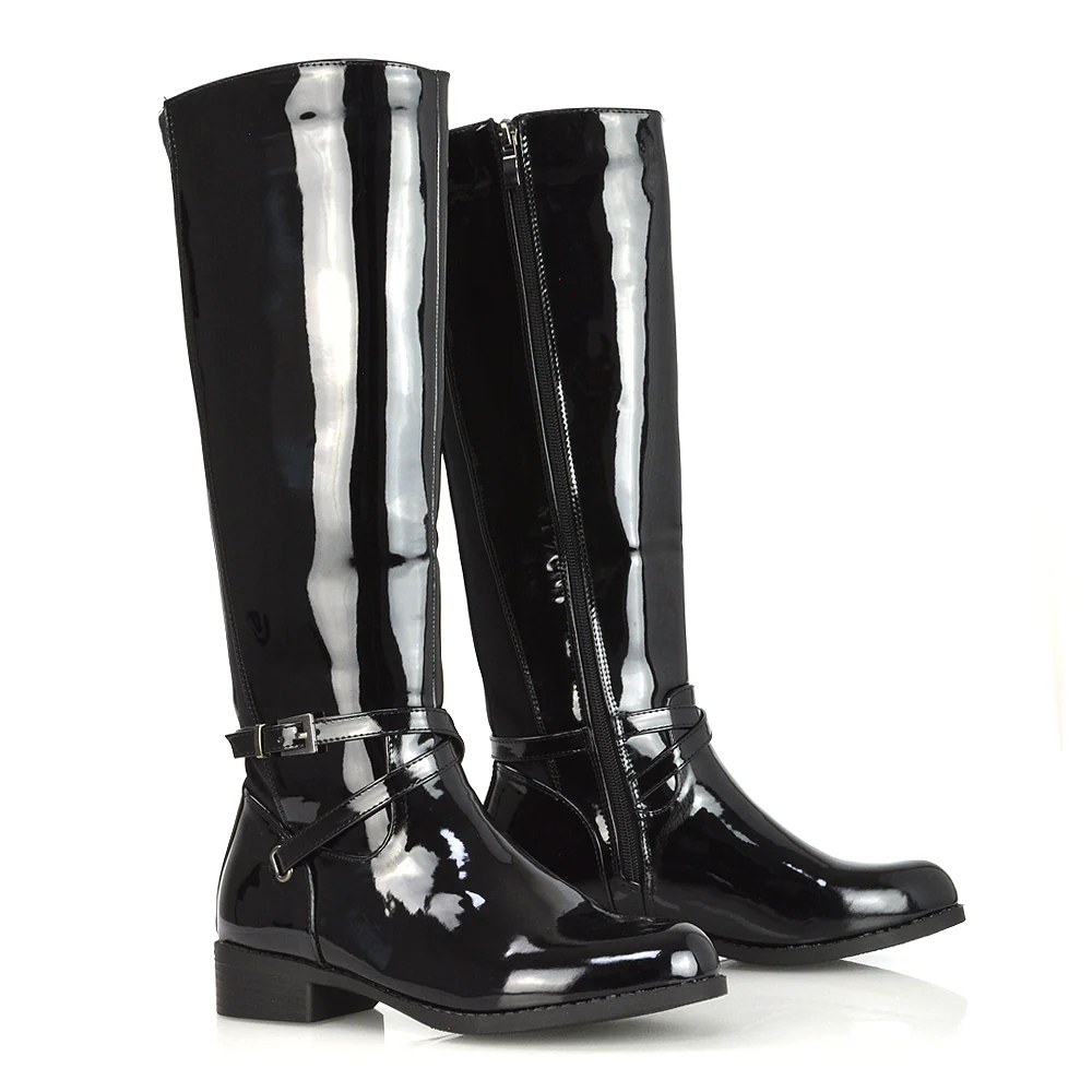 Everly Flat Knee High Low Block Heel Riding Flat Long Boots in Black Synthetic Leather - Image 115