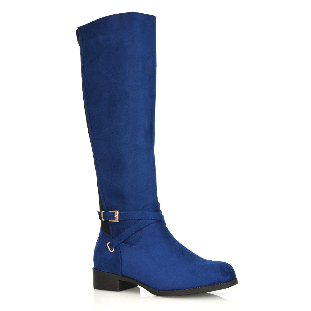 Everly Flat Knee High Low Block Heel Riding Flat Long Boots in Black Synthetic Leather - Image 12