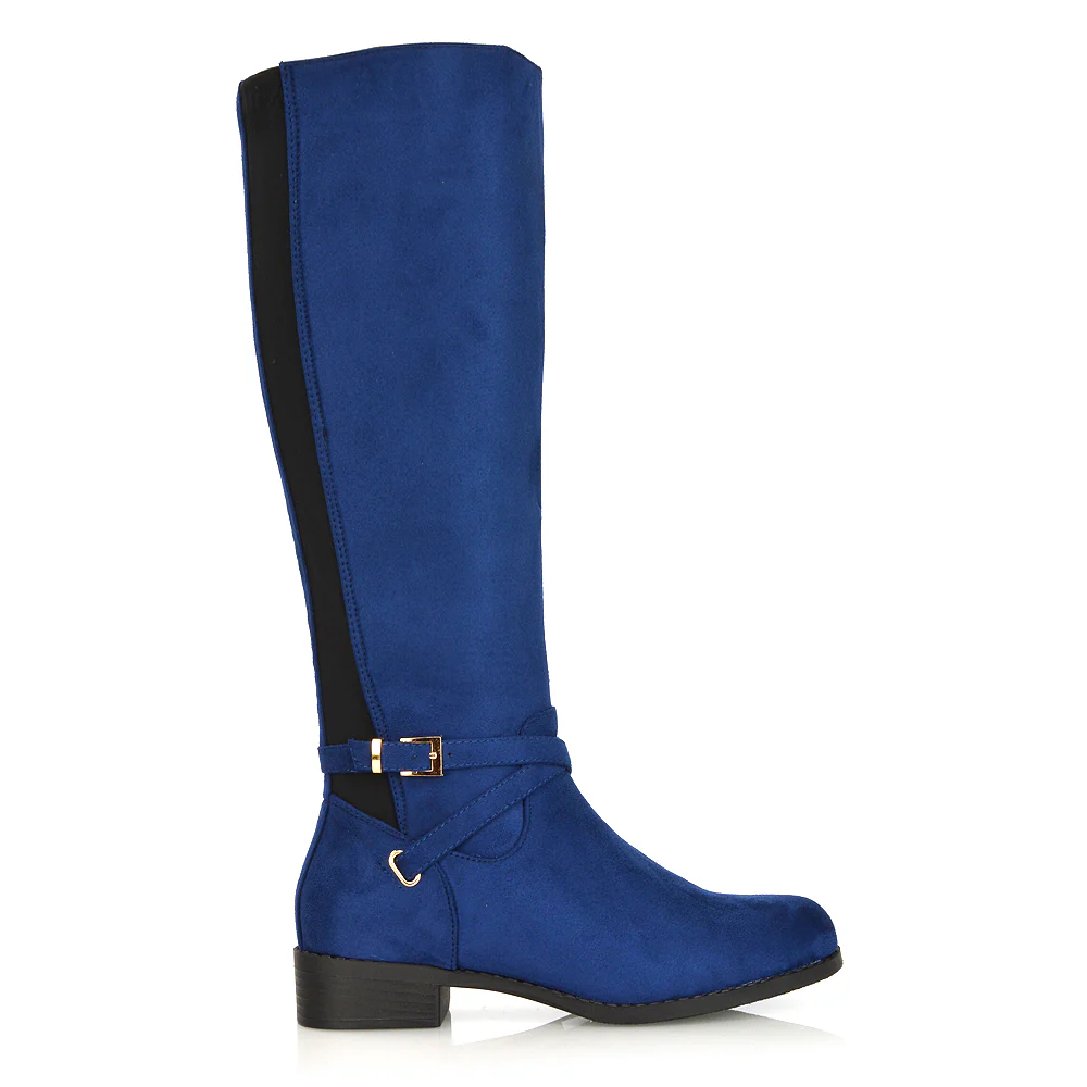 Everly Flat Knee High Low Block Heel Riding Flat Long Boots in Black Synthetic Leather - Image 18