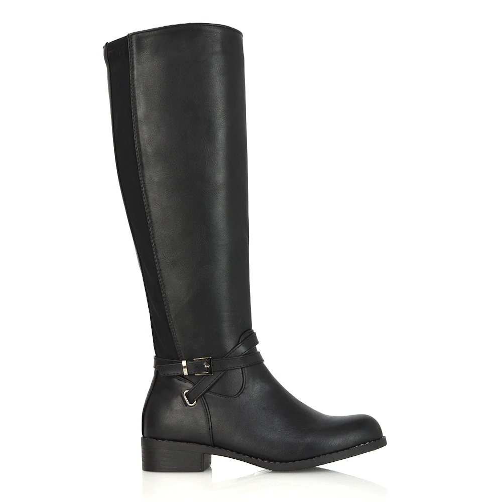 Everly Flat Knee High Low Block Heel Riding Flat Long Boots in Black Synthetic Leather - Image 3