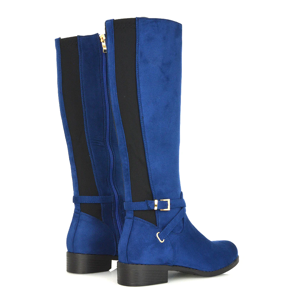 Everly Flat Knee High Low Block Heel Riding Flat Long Boots in Black Synthetic Leather - Image 30