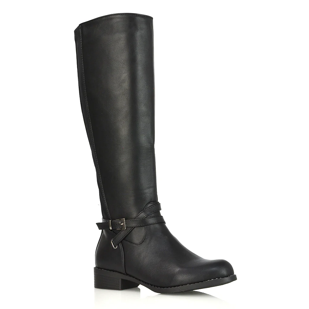 Everly Flat Knee High Low Block Heel Riding Flat Long Boots in Black Synthetic Leather - Image 37