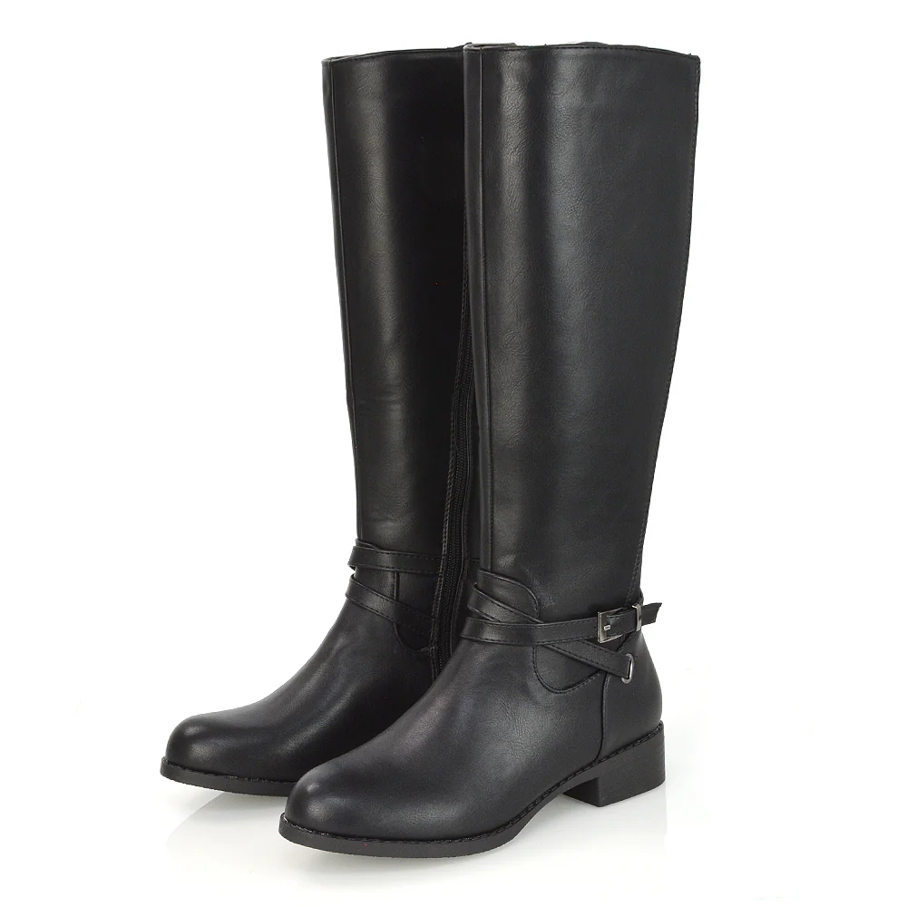 Everly Flat Knee High Low Block Heel Riding Flat Long Boots in Black Synthetic Leather - Image 4