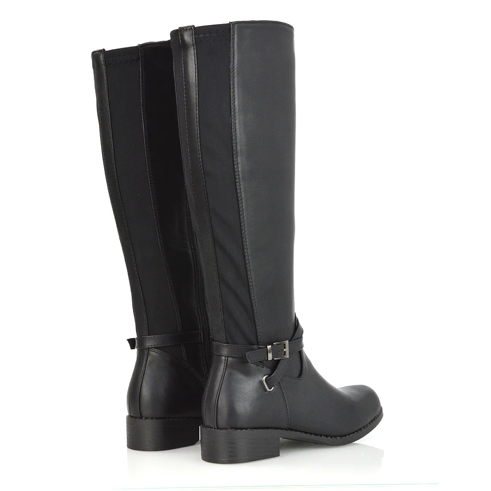 Everly Flat Knee High Low Block Heel Riding Flat Long Boots in Black Synthetic Leather - Image 50