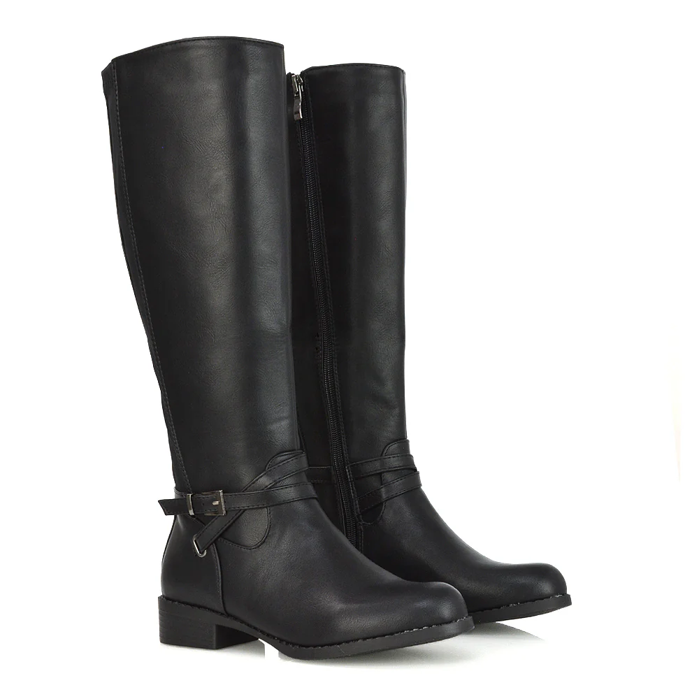 Everly Flat Knee High Low Block Heel Riding Flat Long Boots in Black Synthetic Leather - Image 51