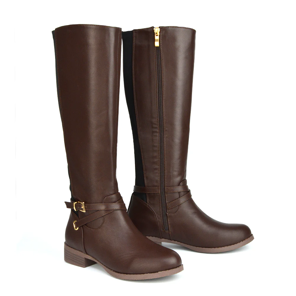 Everly Flat Knee High Low Block Heel Riding Flat Long Boots in Black Synthetic Leather - Image 74