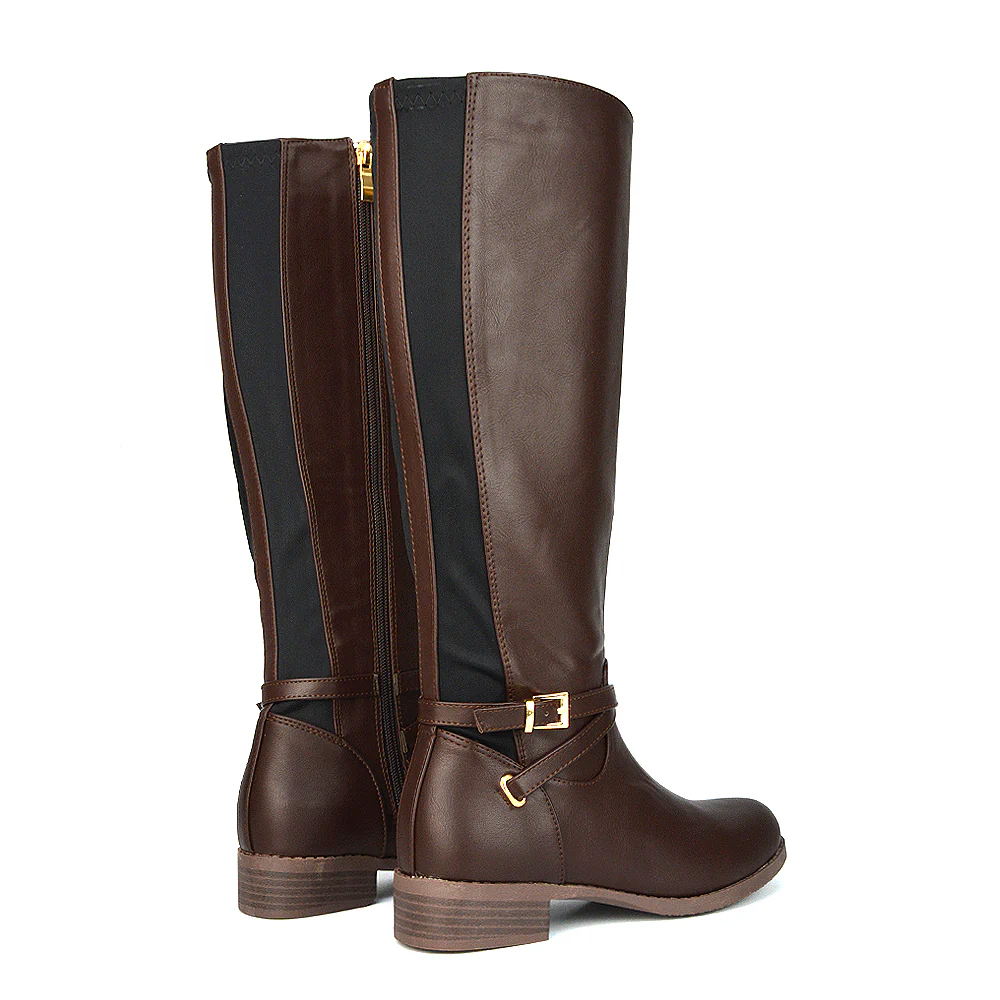Everly Flat Knee High Low Block Heel Riding Flat Long Boots in Black Synthetic Leather - Image 76