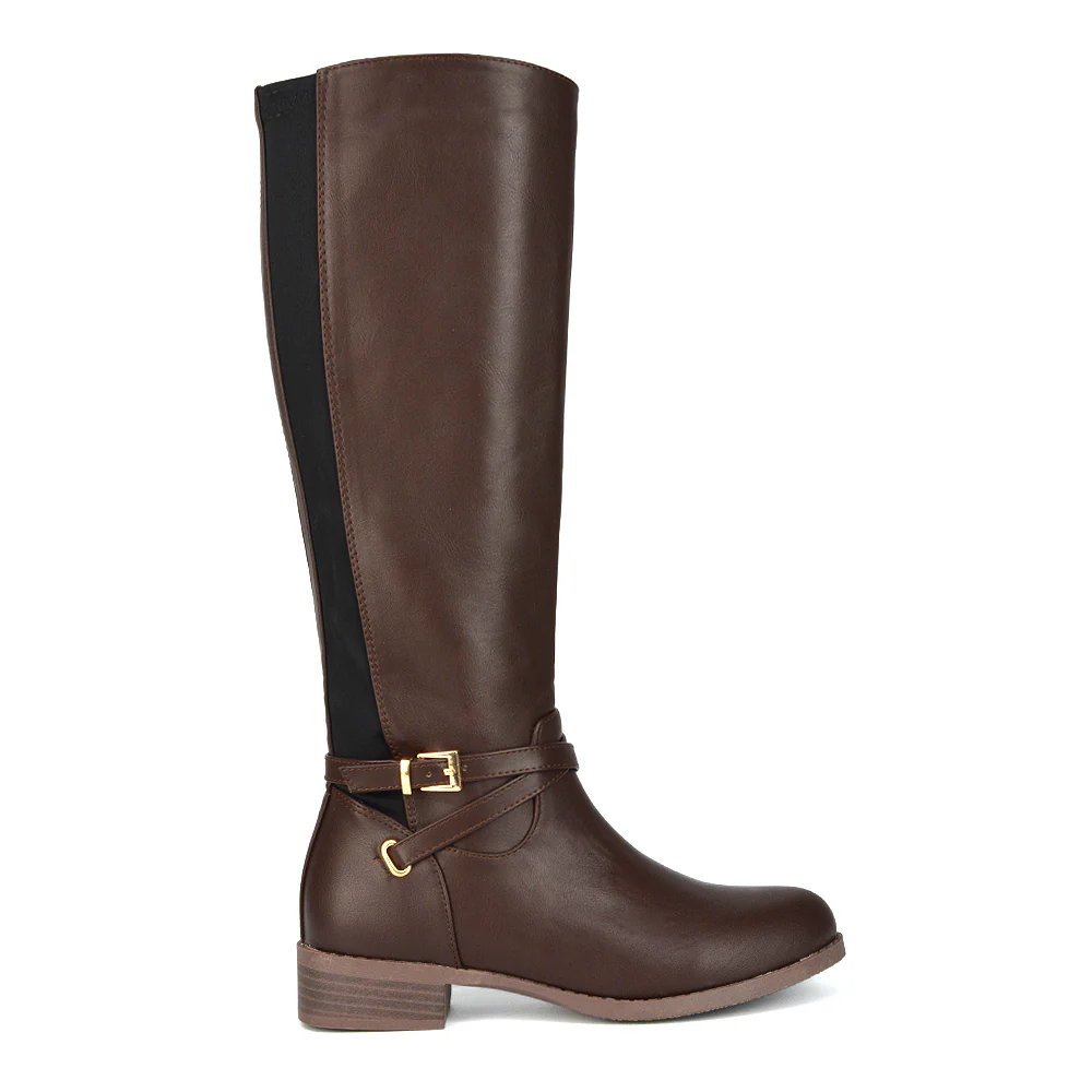 Everly Flat Knee High Low Block Heel Riding Flat Long Boots in Black Synthetic Leather - Image 79