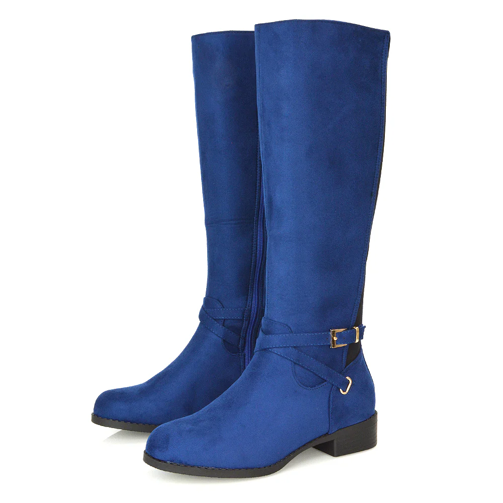 Everly Flat Knee High Low Block Heel Riding Flat Long Boots in Black Synthetic Leather - Image 9