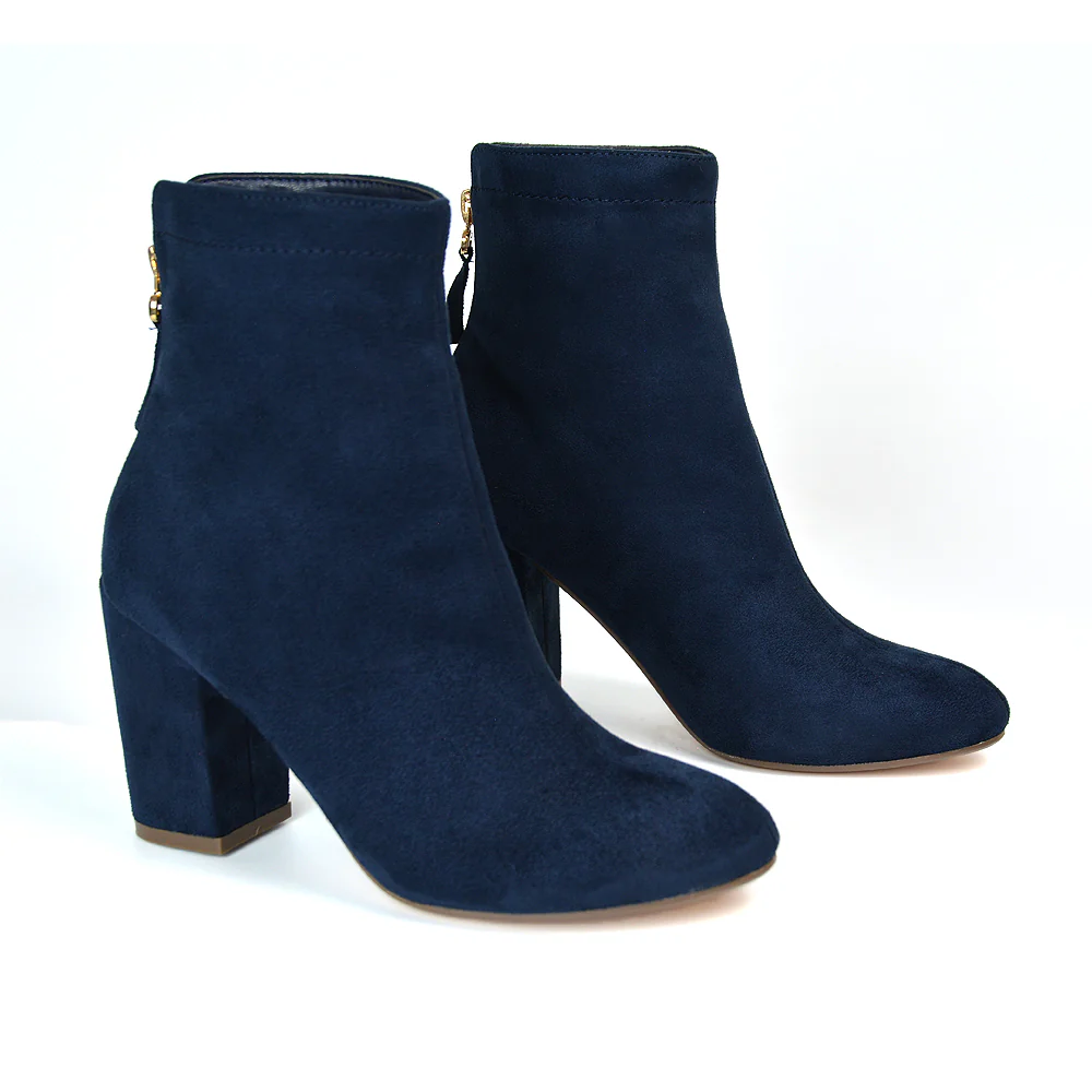 Evia Zip-Up Mid Block Heel Sock Ankle Boots in Black Faux Suede - Image 10