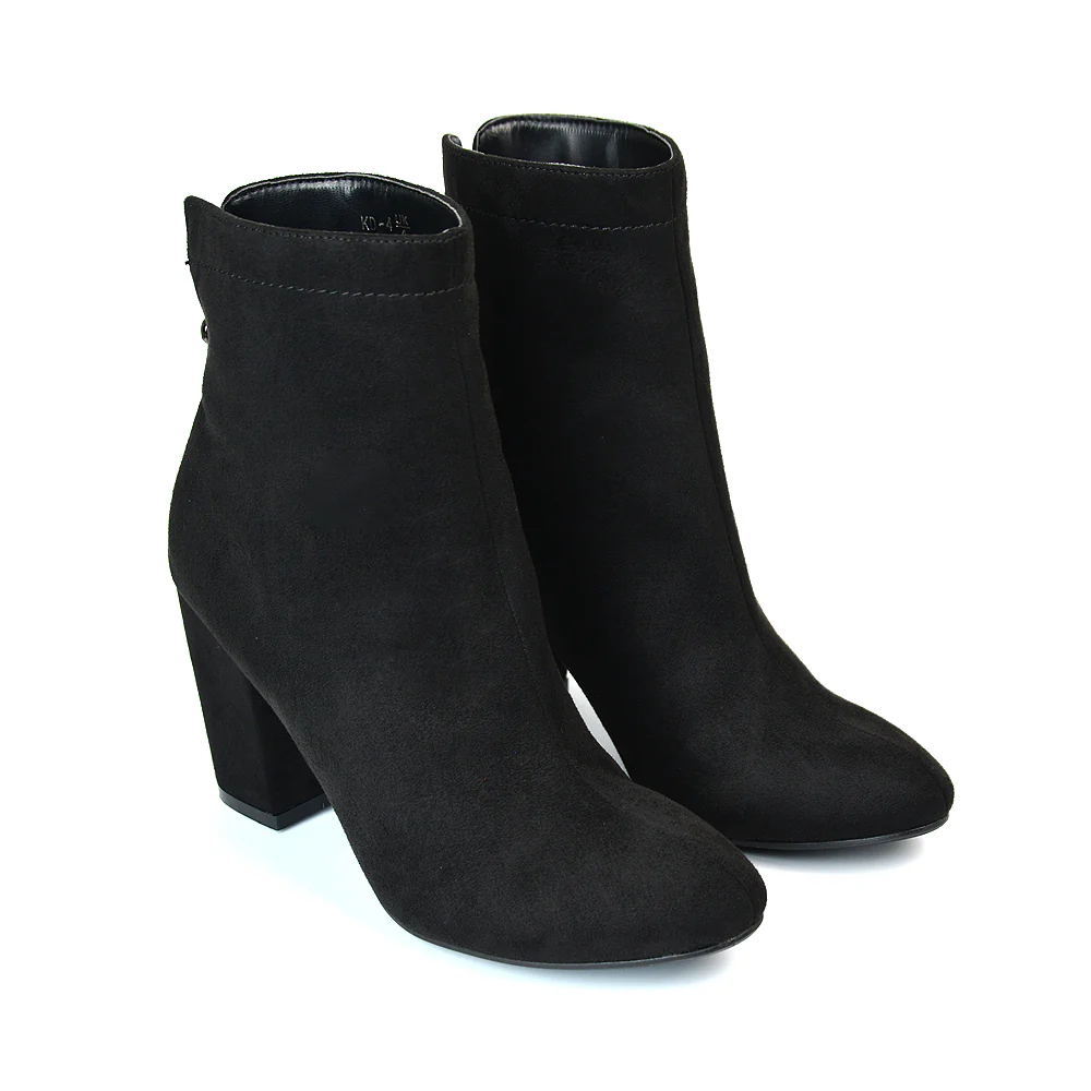 Evia Zip-Up Mid Block Heel Sock Ankle Boots in Black Faux Suede - Image 100