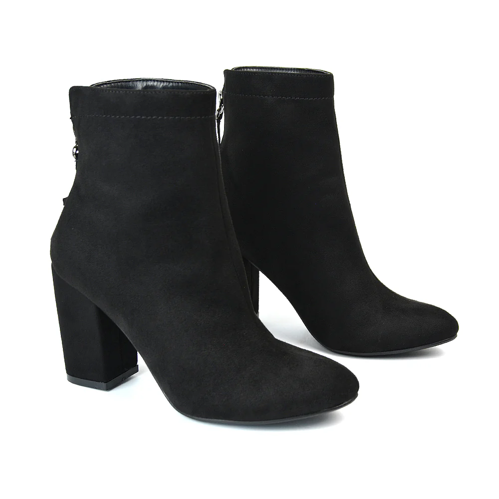 Evia Zip-Up Mid Block Heel Sock Ankle Boots in Black Faux Suede - Image 122