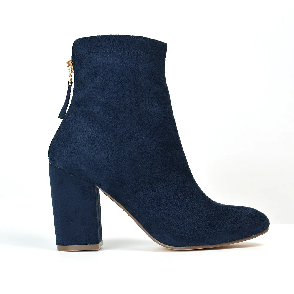 Evia Zip-Up Mid Block Heel Sock Ankle Boots in Black Faux Suede - Image 16