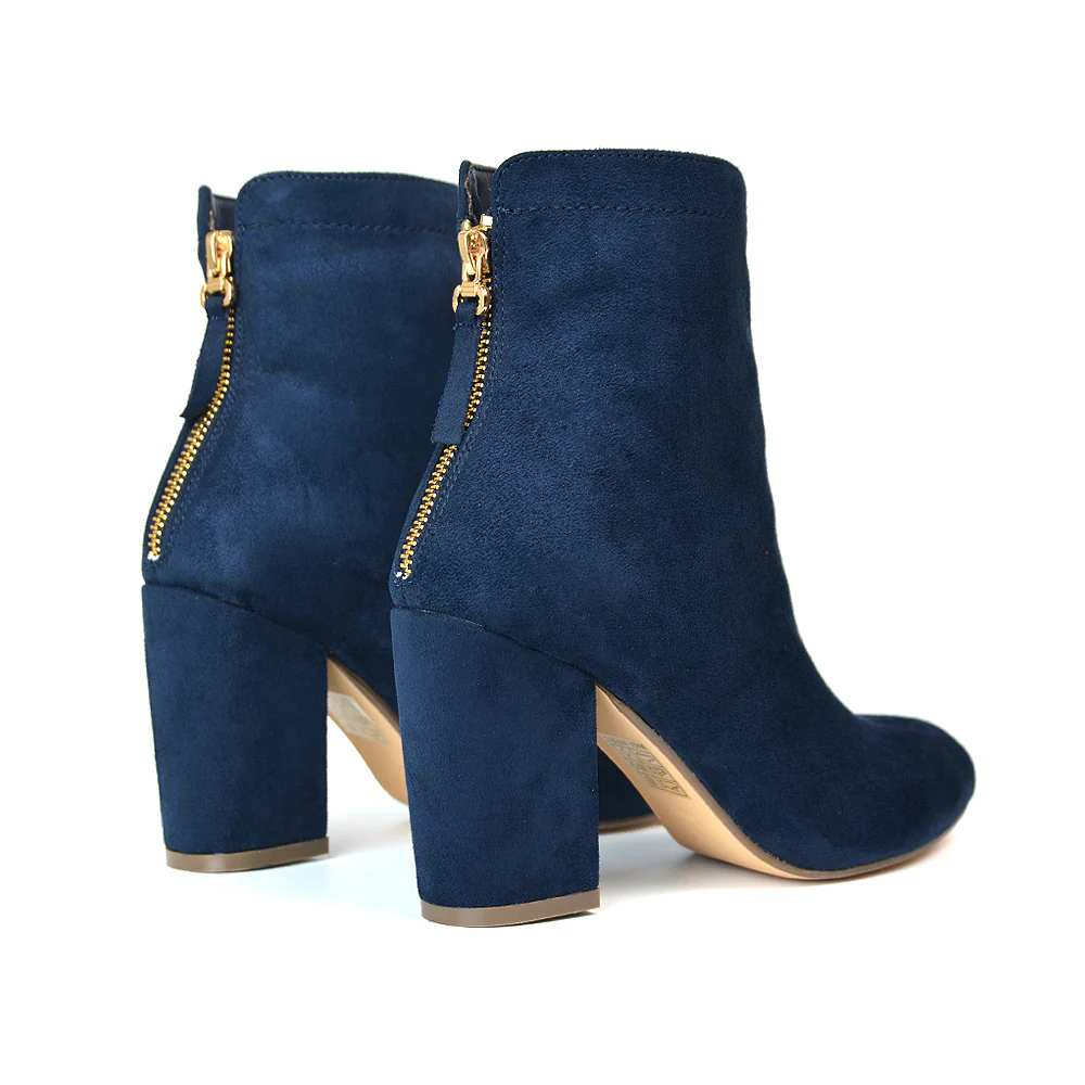Evia Zip-Up Mid Block Heel Sock Ankle Boots in Black Faux Suede - Image 20