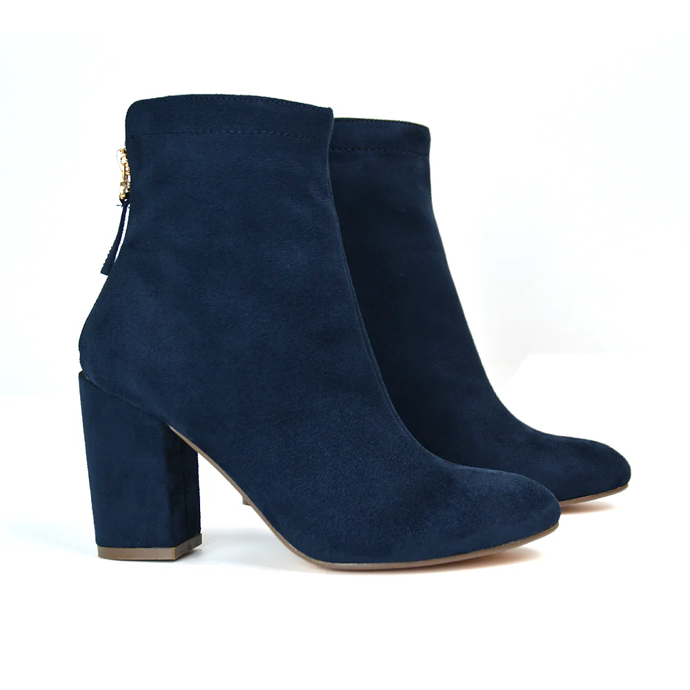 Evia Zip-Up Mid Block Heel Sock Ankle Boots in Black Faux Suede - Image 38