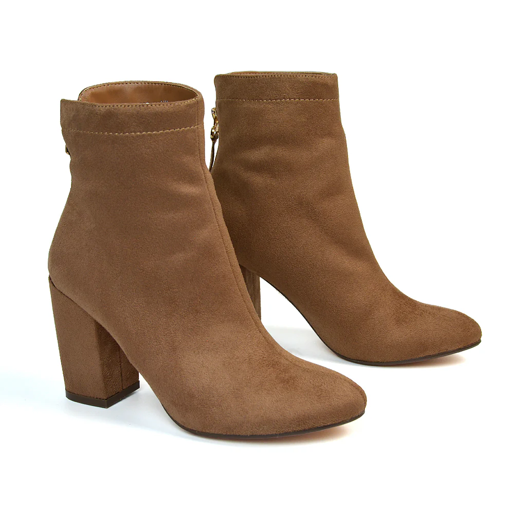 Evia Zip-Up Mid Block Heel Sock Ankle Boots in Black Faux Suede - Image 73