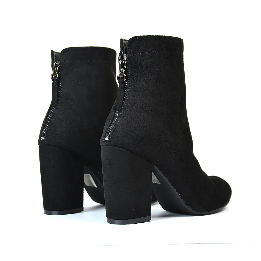 Evia Zip-Up Mid Block Heel Sock Ankle Boots in Black Faux Suede - Image 98