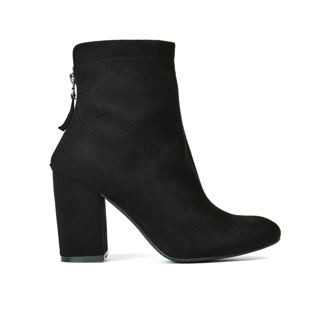 Evia Zip-Up Mid Block Heel Sock Ankle Boots in Grey Faux Suede - Image 114