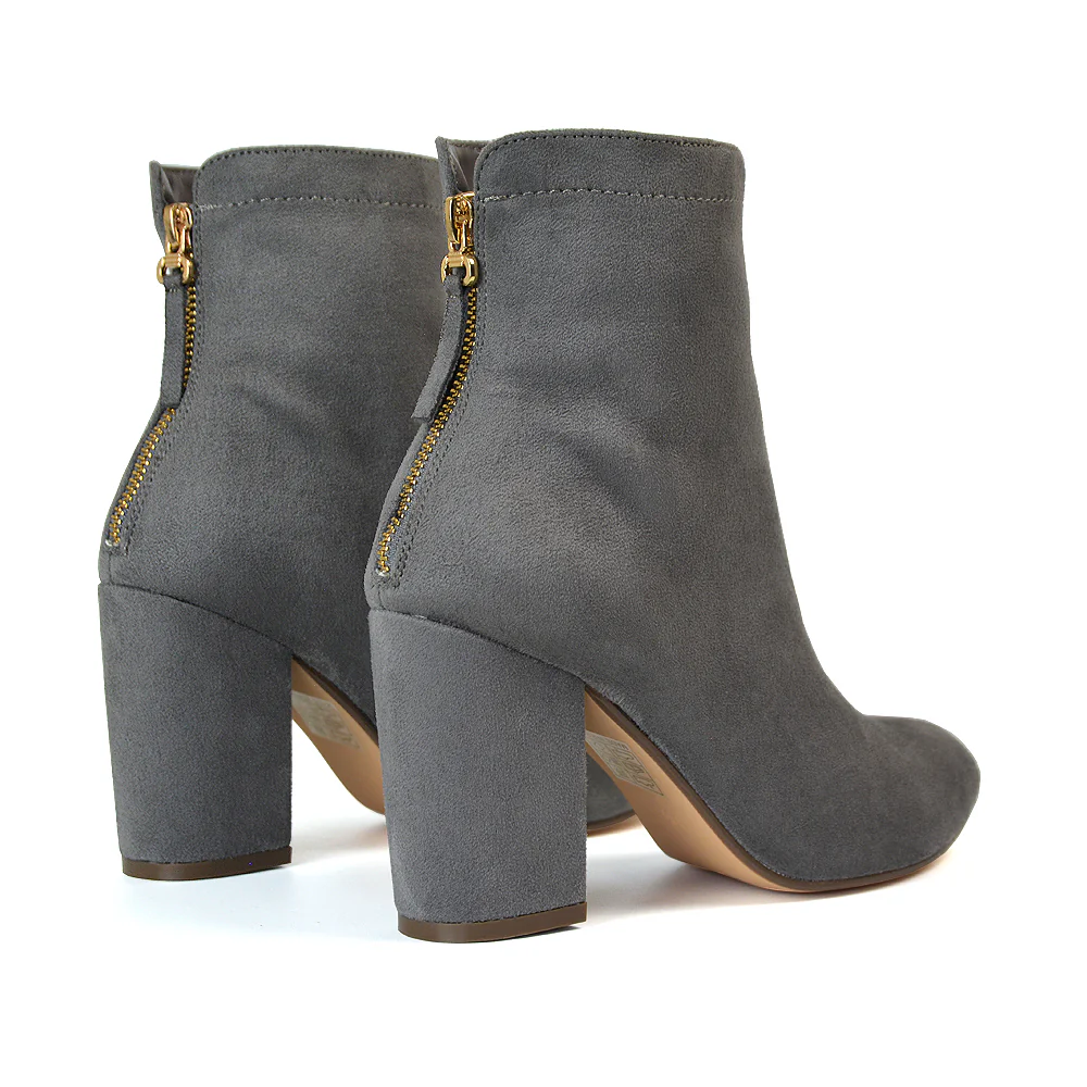 Evia Zip-Up Mid Block Heel Sock Ankle Boots in Grey Faux Suede - Image 50