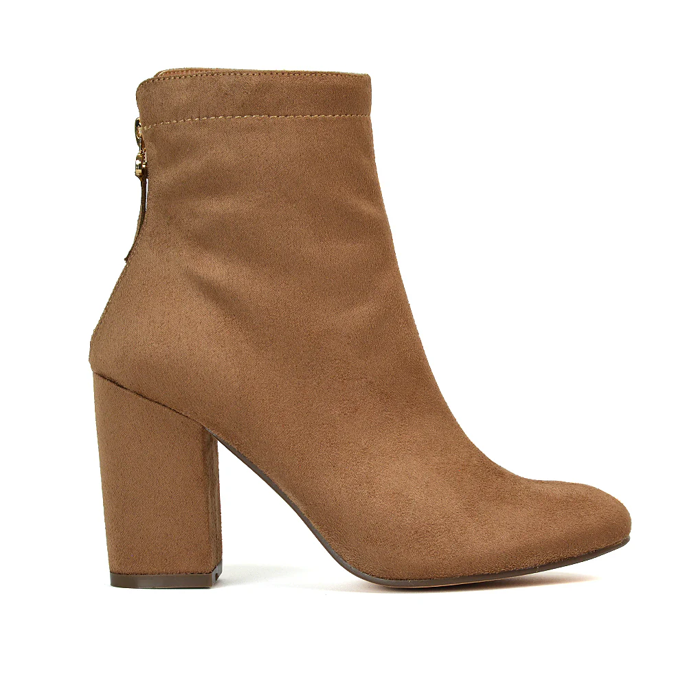 Evia Zip-Up Mid Block Heel Sock Ankle Boots in Grey Faux Suede - Image 75