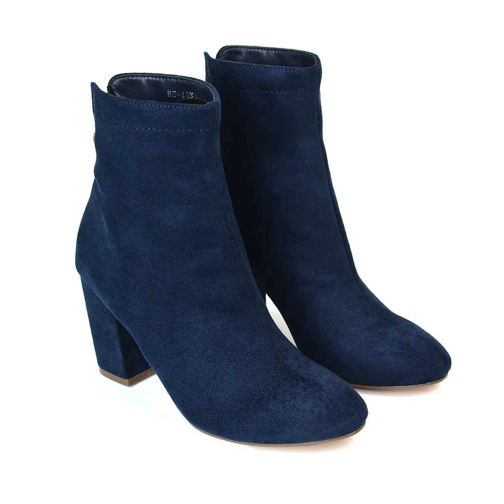 Evia Zip-Up Mid Block Heel Sock Ankle Boots in Navy Faux Suede - Image 14