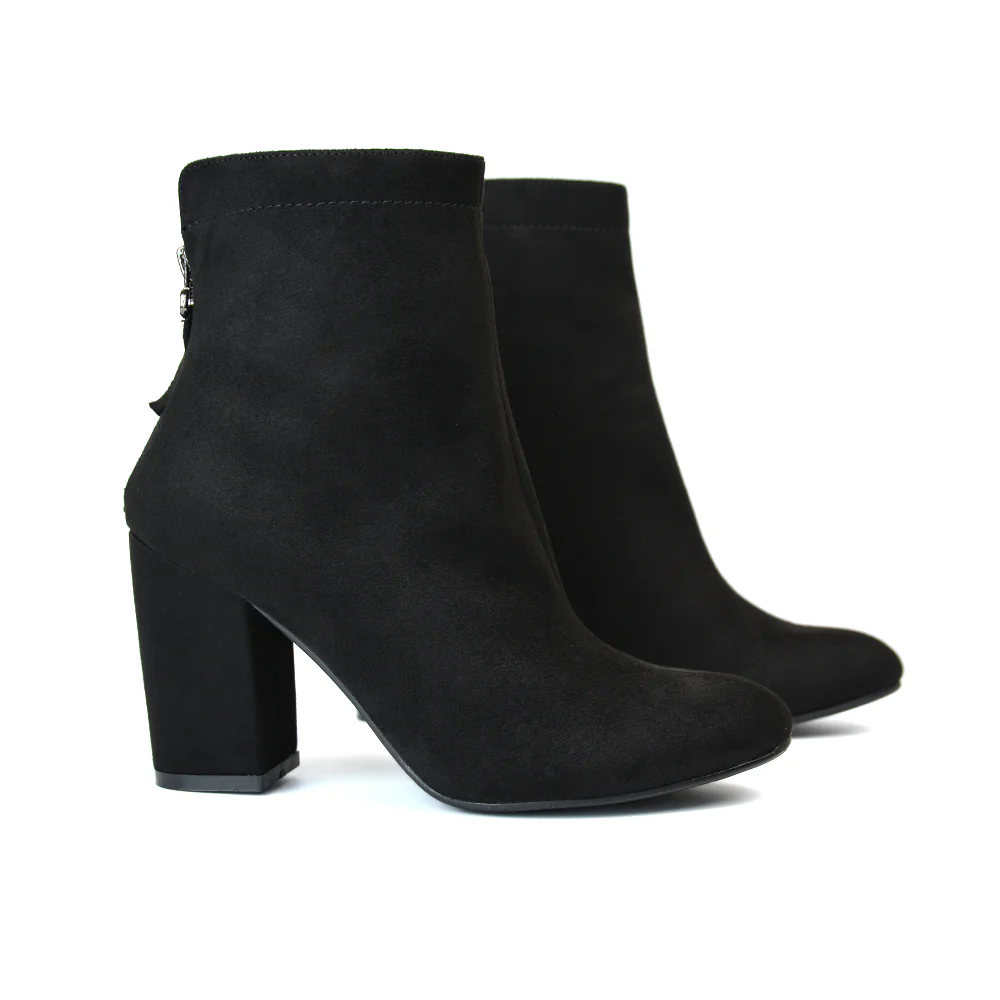 Evia Zip-Up Mid Block Heel Sock Ankle Boots in Tan Faux Suede - Image 107