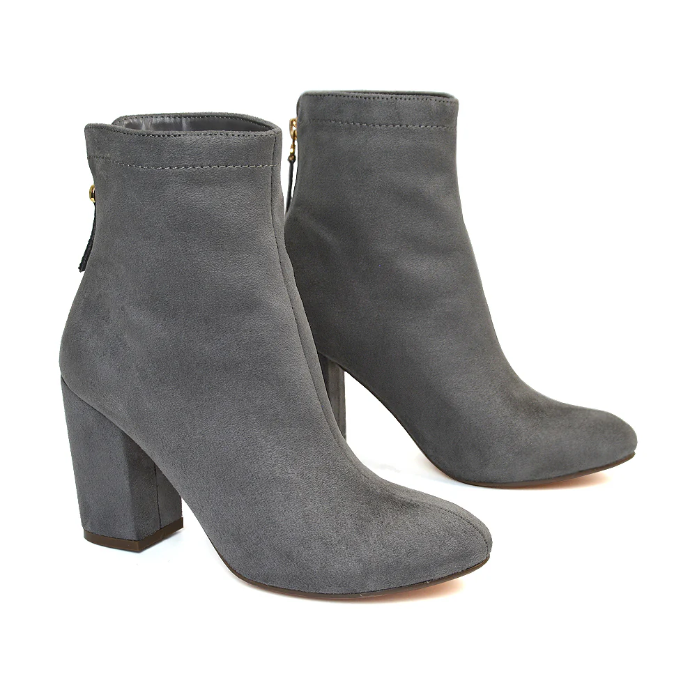 Evia Zip-Up Mid Block Heel Sock Ankle Boots in Tan Faux Suede - Image 55