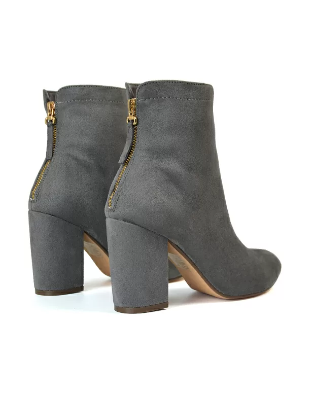Evia Zip-Up Mid Block Heel Sock Ankle Boots in Tan Faux Suede - Image 6