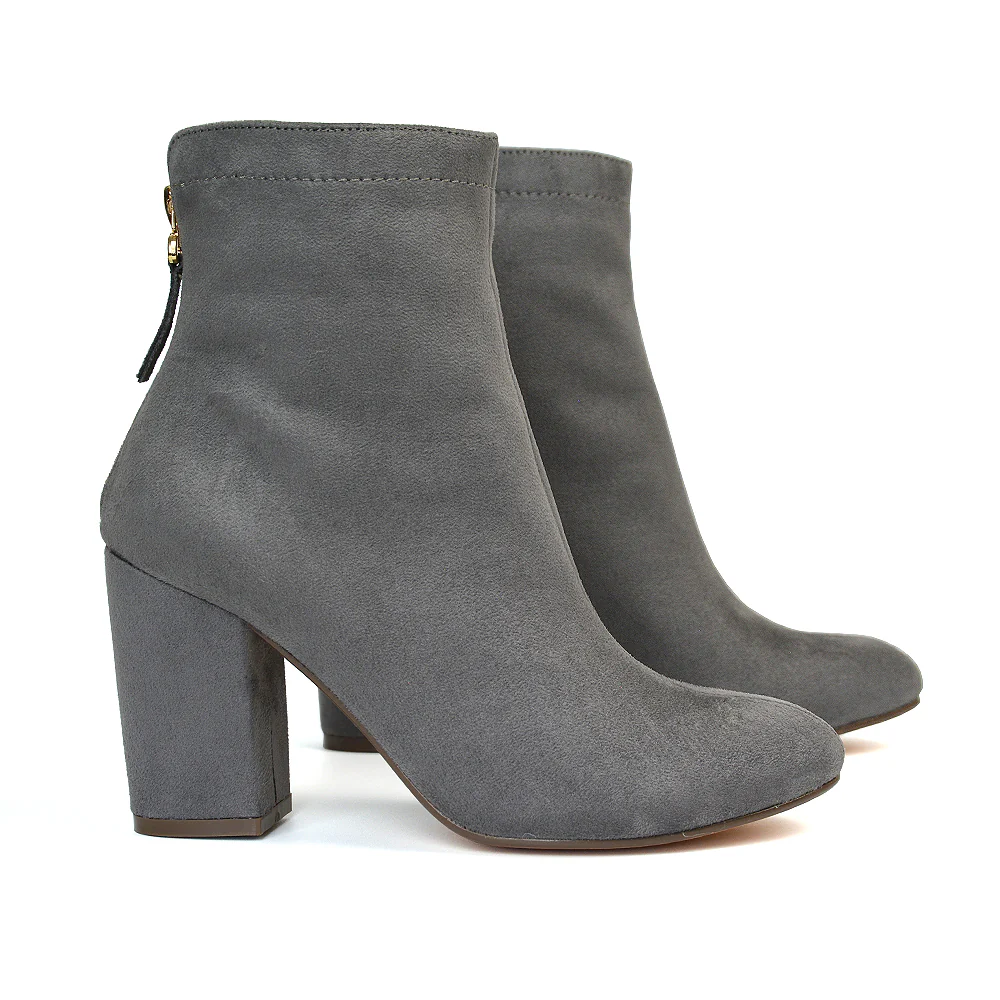 Evia Zip-Up Mid Block Heel Sock Ankle Boots in Tan Faux Suede - Image 68