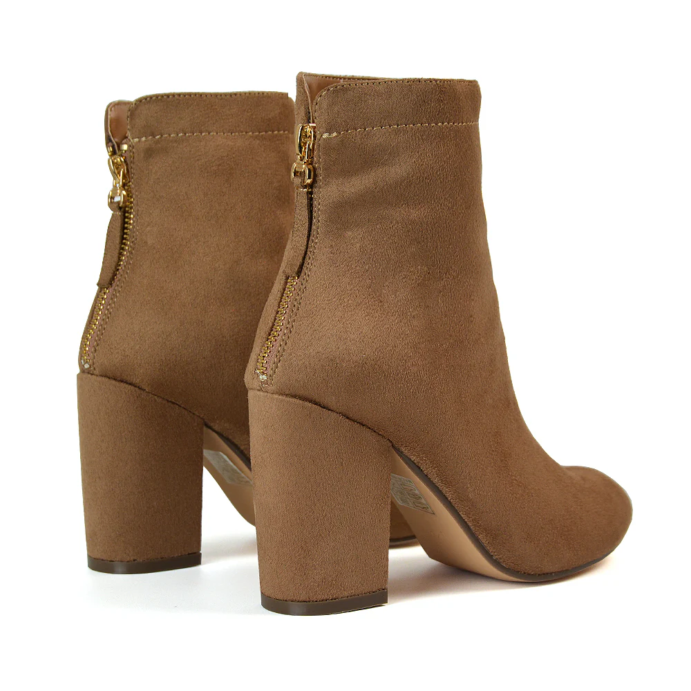Evia Zip-Up Mid Block Heel Sock Ankle Boots in Tan Faux Suede - Image 75
