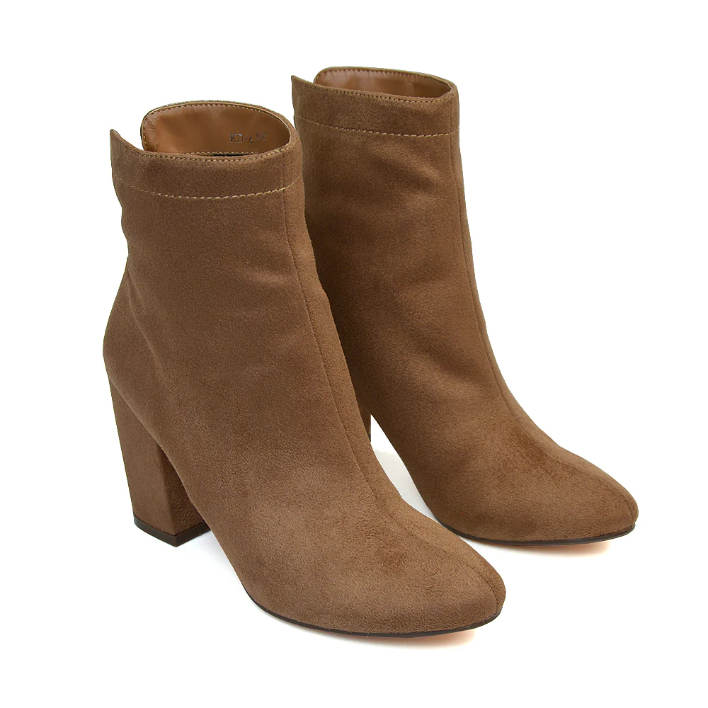 Evia Zip-Up Mid Block Heel Sock Ankle Boots in Tan Faux Suede - Image 77