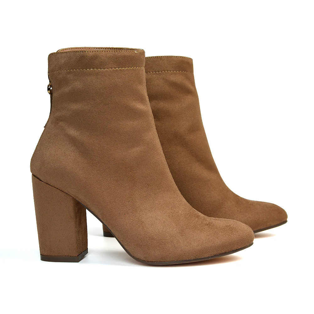 Evia Zip-Up Mid Block Heel Sock Ankle Boots in Tan Faux Suede - Image 78