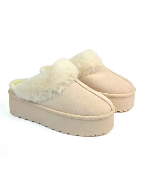 Faith Slip On Faux Fur Slippers with Platform Sole in Beige - Image 3