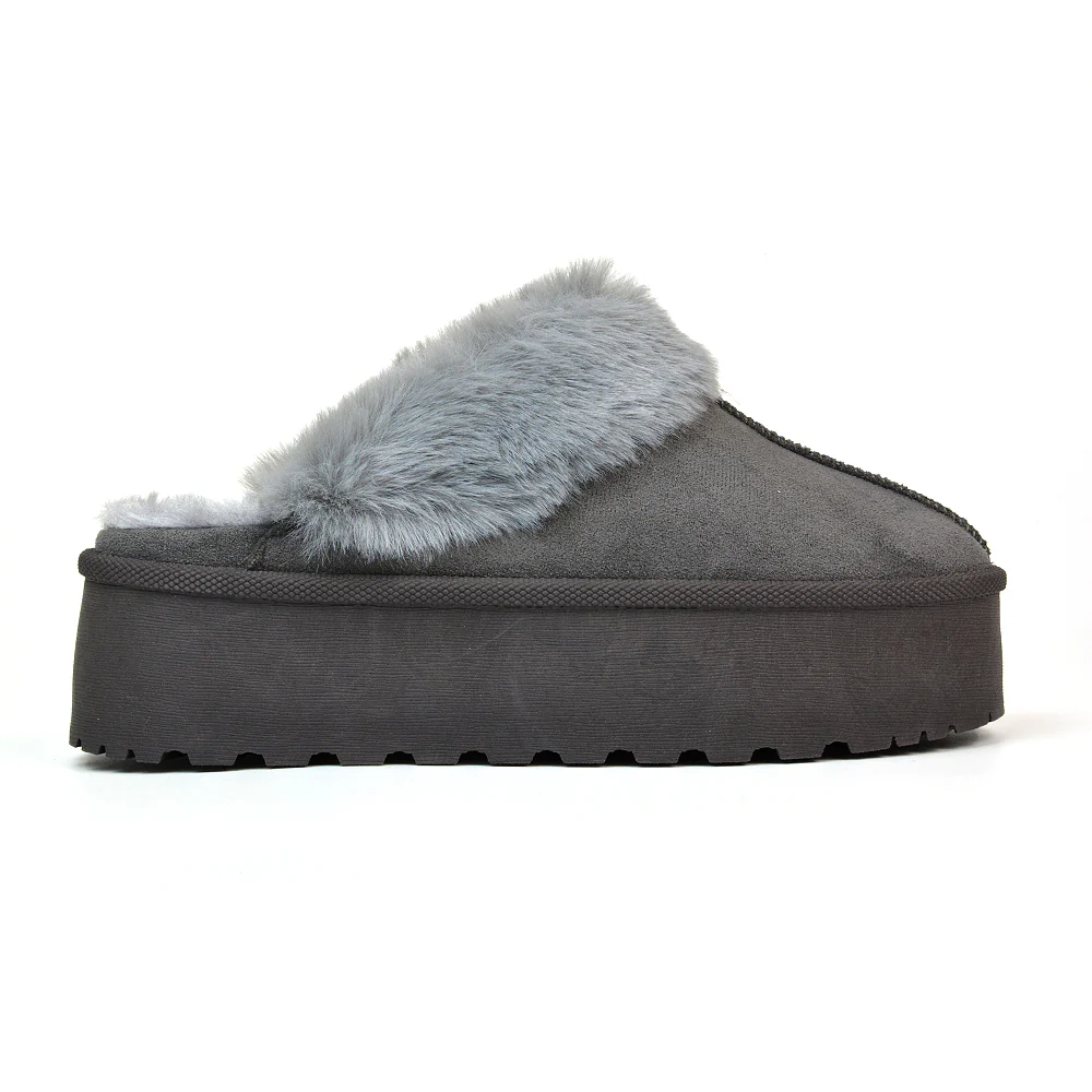 Faith Slip On Faux Fur Slippers with Platform Sole in Black - Image 15