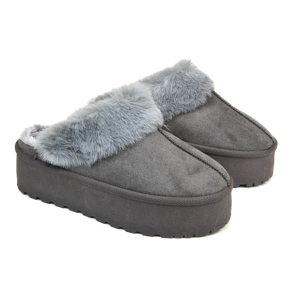 Faith Slip On Faux Fur Slippers with Platform Sole in Black - Image 26