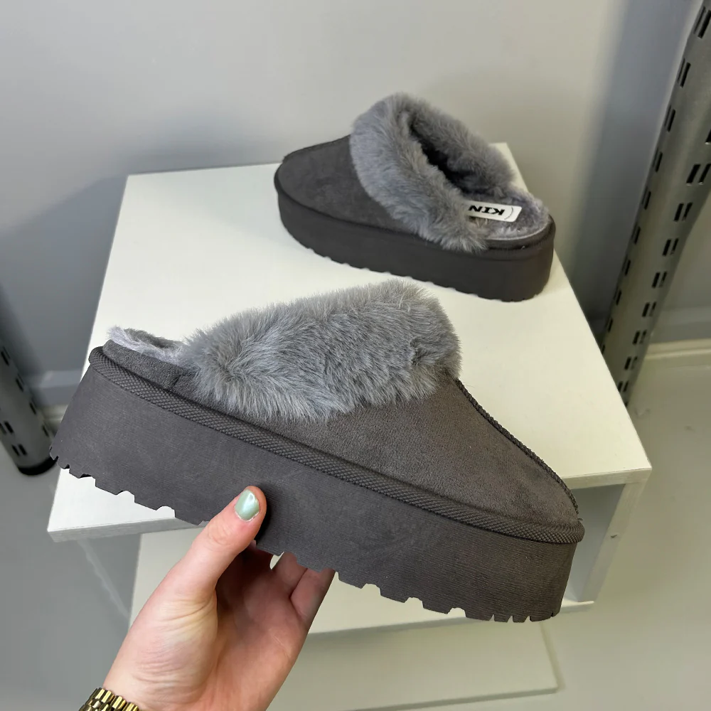 Faith Slip On Faux Fur Slippers with Platform Sole in Black - Image 34