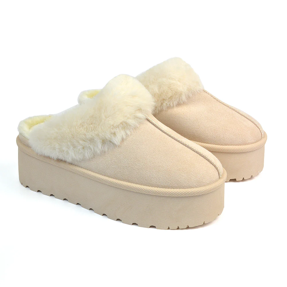 Faith Slip On Faux Fur Slippers with Platform Sole in Black - Image 44