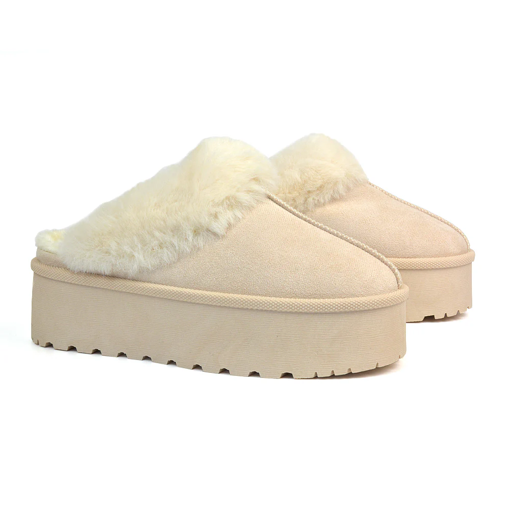 Faith Slip On Faux Fur Slippers with Platform Sole in Black - Image 55