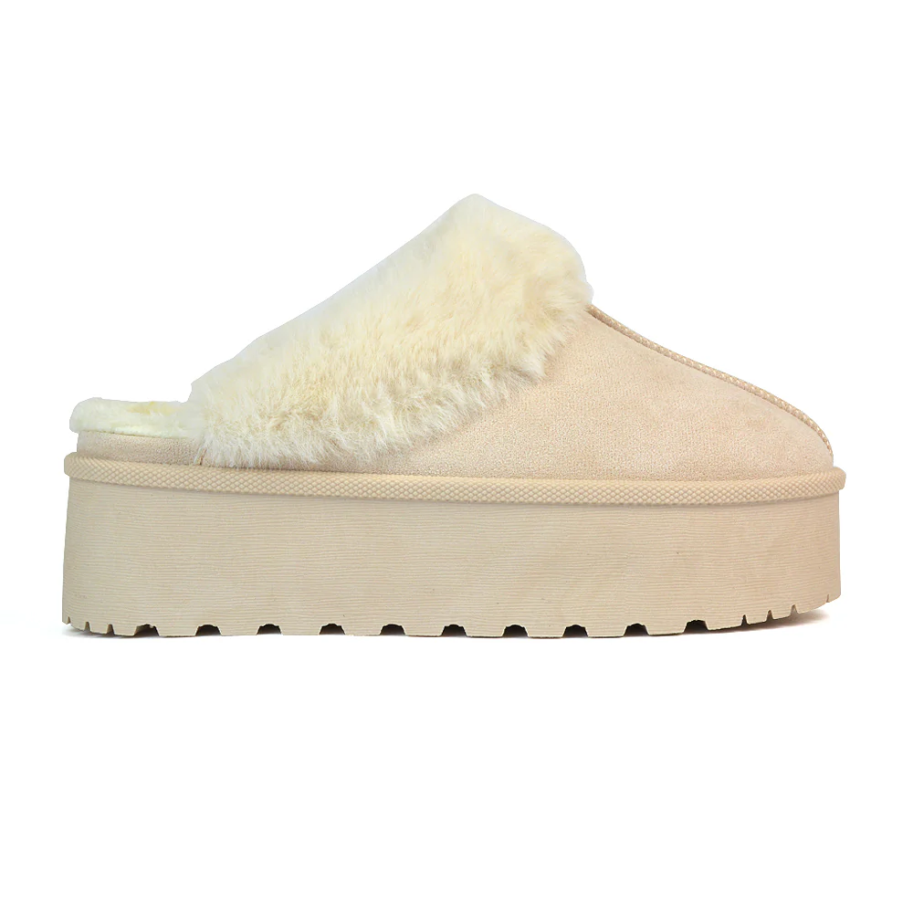 Faith Slip On Faux Fur Slippers with Platform Sole in Black - Image 59