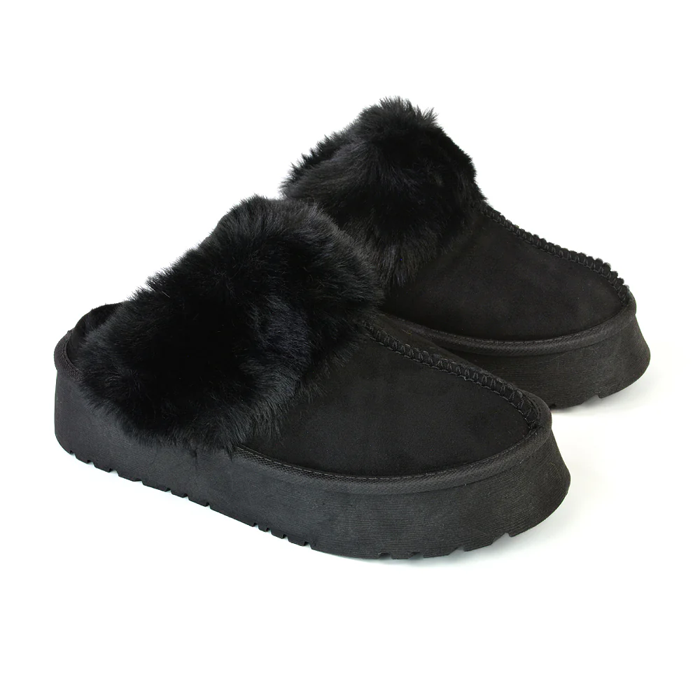 Faith Slip On Faux Fur Slippers with Platform Sole in Black - Image 75