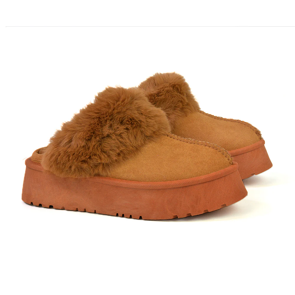 Faith Slip On Faux Fur Slippers with Platform Sole in Black - Image 93