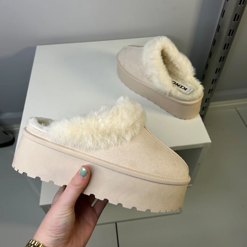 Faith Slip On Faux Fur Slippers with Platform Sole in Camel - Image 66