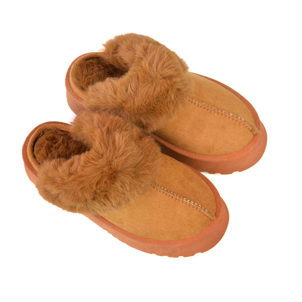 Faith Slip On Faux Fur Slippers with Platform Sole in Camel - Image 91