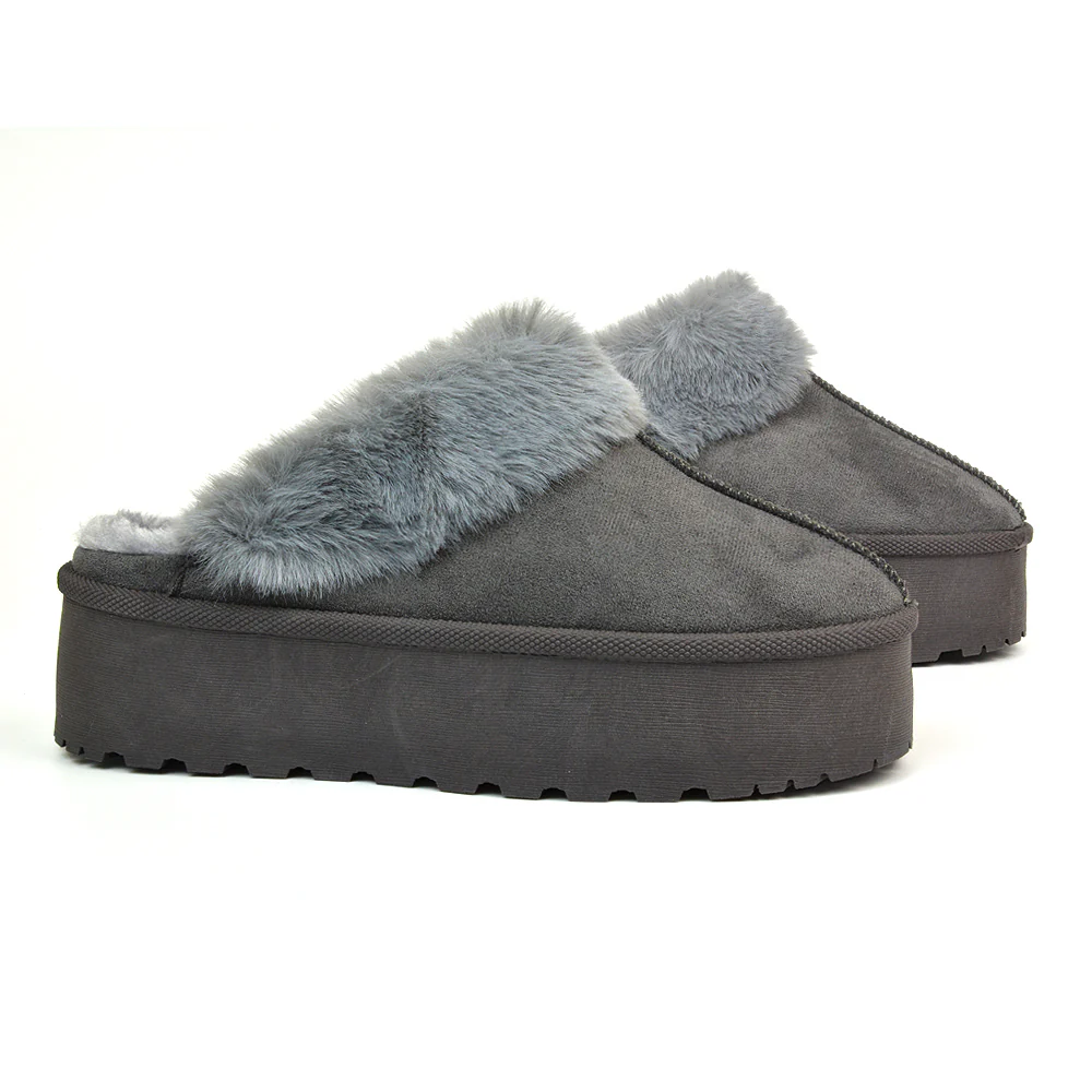 Faith Slip On Faux Fur Slippers with Platform Sole in Grey - Image 9