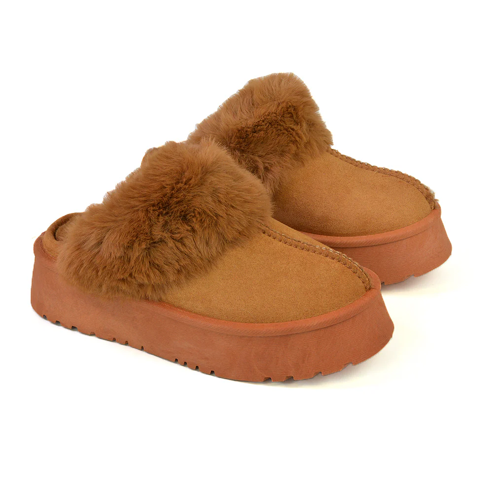 Faith Slip On Faux Fur Slippers with Platform Sole in Grey - Image 92