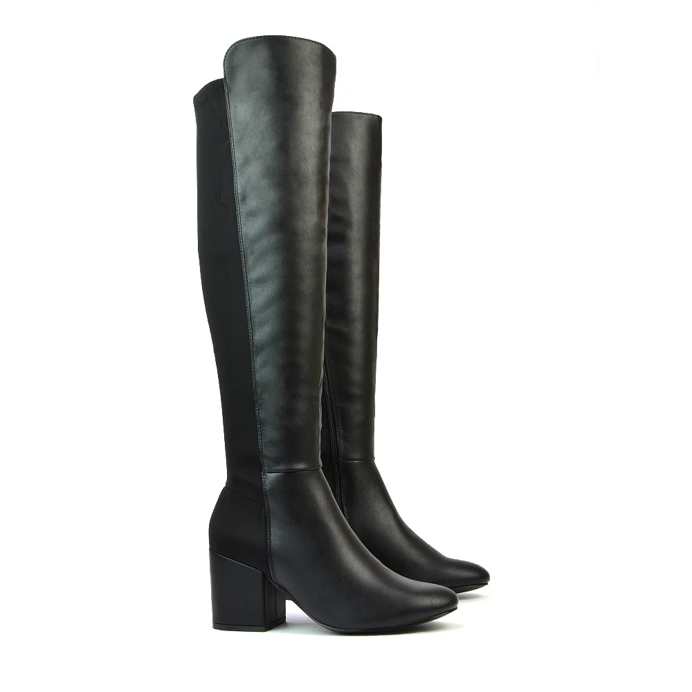 Falcon Mid Block Heel Elasticated High Heel Knee High Boots in Black Synthetic Leather - Image 21