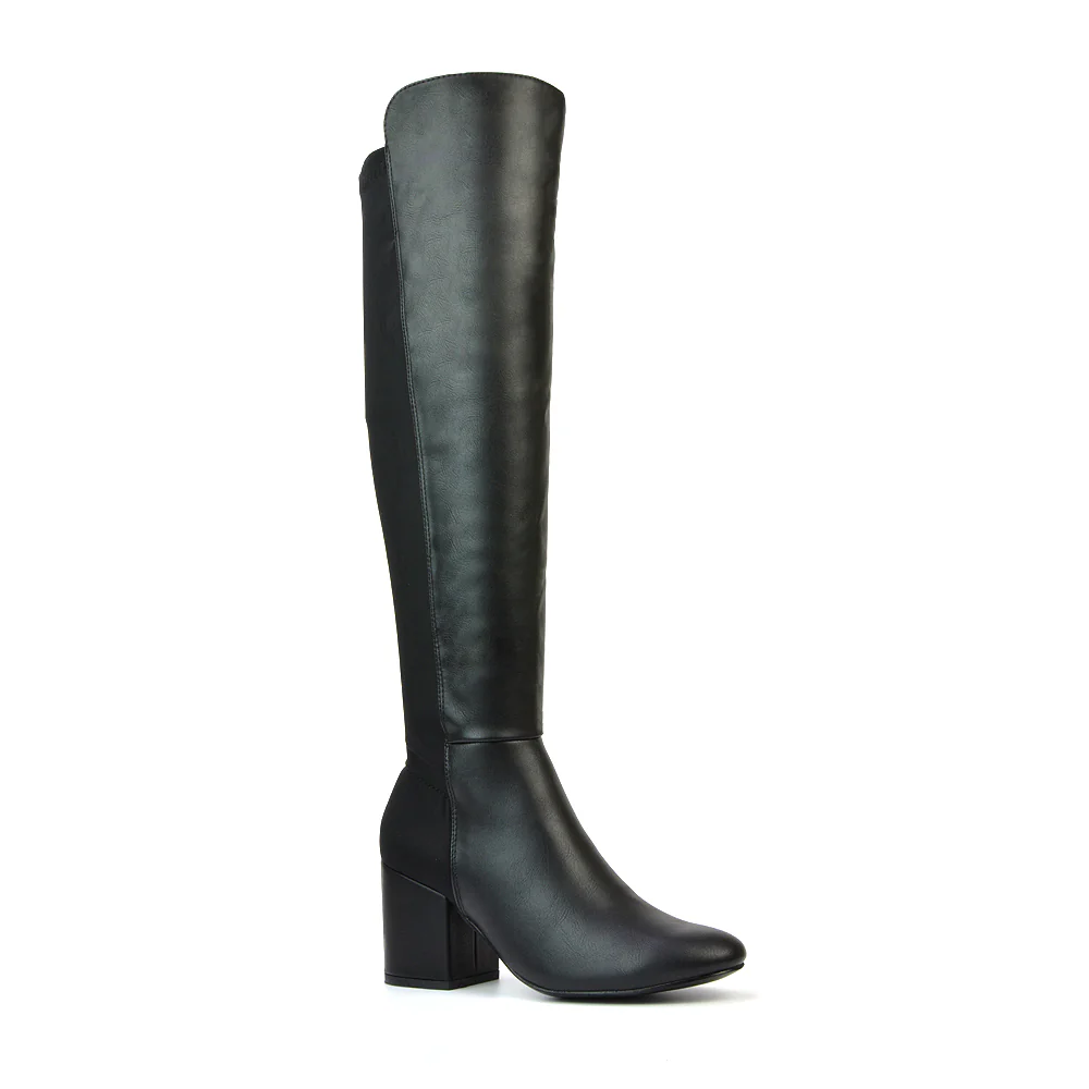 Falcon Mid Block Heel Elasticated High Heel Knee High Boots in Black Synthetic Leather - Image 28
